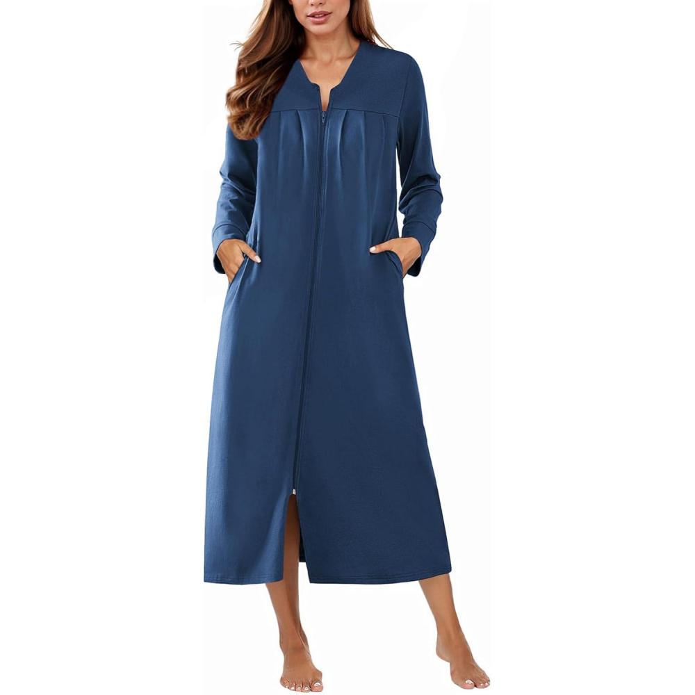 imageEkouaer Zipper Robes for Women Long Knit Bathrobes Lightweight Full Length Housecoat with Pockets Nightgown S3XLBlue