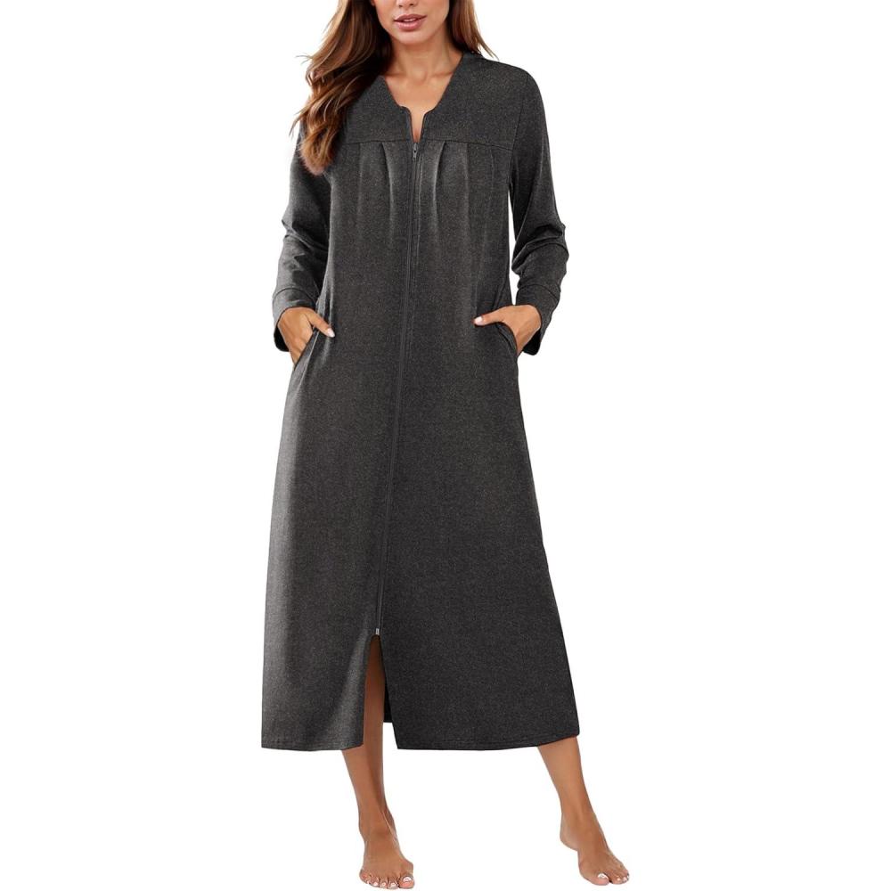 imageEkouaer Zipper Robes for Women Long Knit Bathrobes Lightweight Full Length Housecoat with Pockets Nightgown S3XLDeep Gray