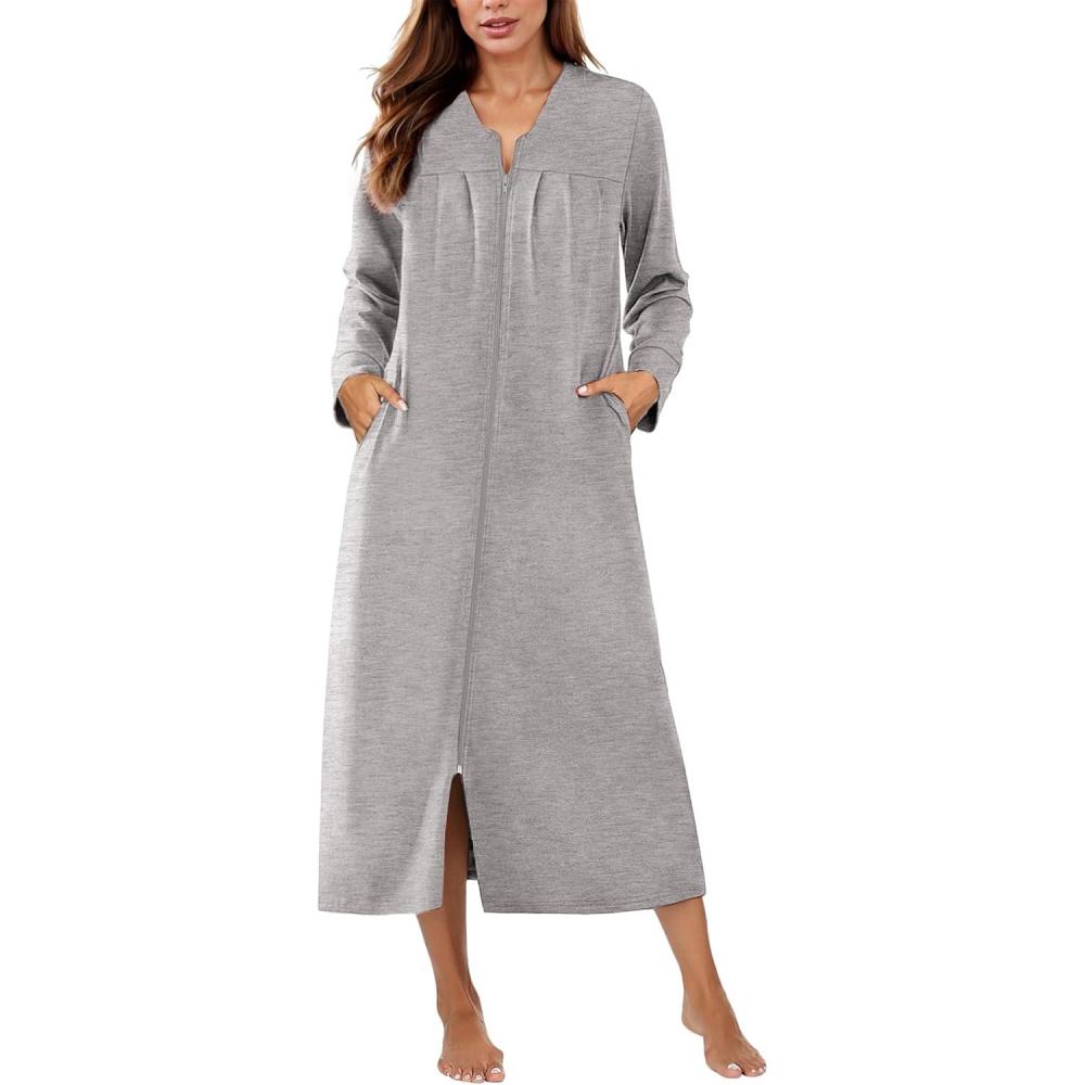 imageEkouaer Zipper Robes for Women Long Knit Bathrobes Lightweight Full Length Housecoat with Pockets Nightgown S3XLLight Gray