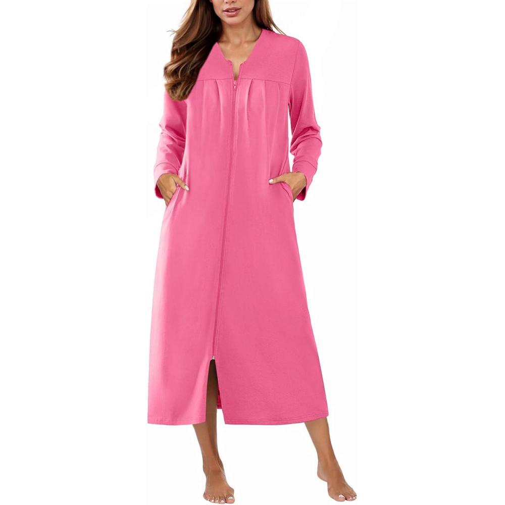 imageEkouaer Zipper Robes for Women Long Knit Bathrobes Lightweight Full Length Housecoat with Pockets Nightgown S3XLPeach