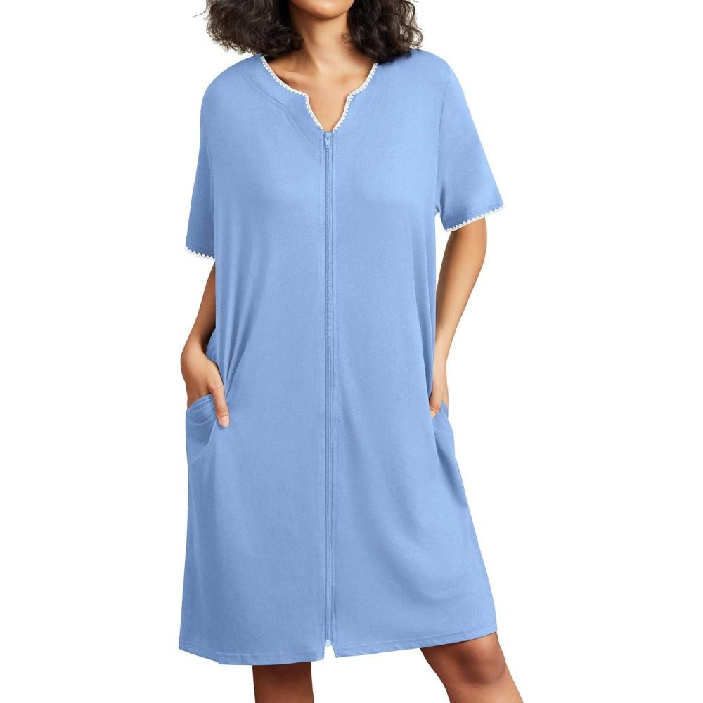 imageEkouaer Zipper Robes for Women Short Sleeve House Coats Lightweight Bathrobe Nightgowns with Pockets S3XLLight Blue New