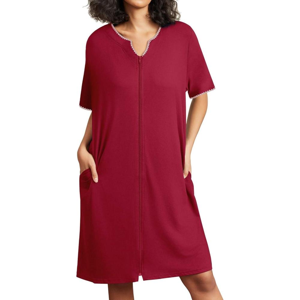 imageEkouaer Zipper Robes for Women Short Sleeve House Coats Lightweight Bathrobe Nightgowns with Pockets S3XLWine Red With Pink New