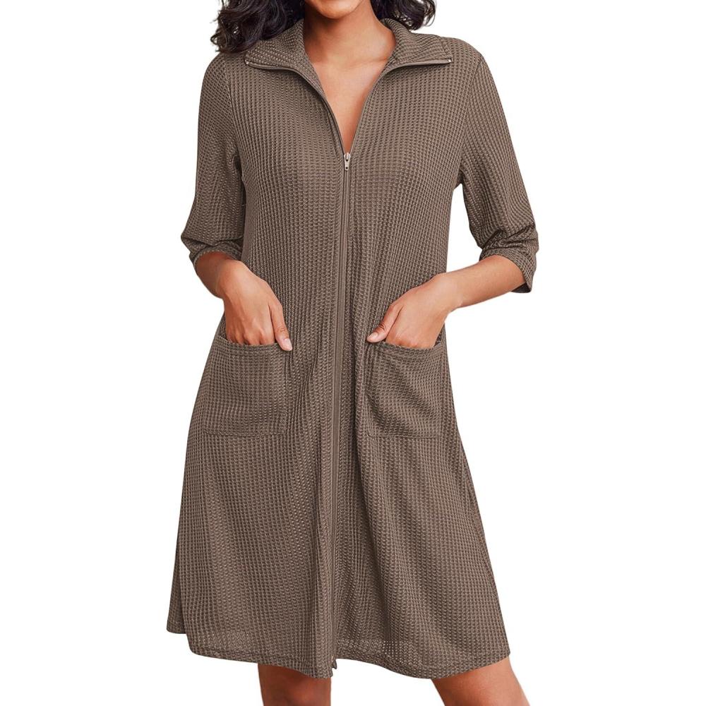 imageEkouaer Zipper Robes for Women Waffle Knit Bathrobes Short Lightweight Knee Length Loungewear with Pockets SXXLBrown
