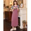 Ekouaer Long Nightgown Women’s Loungewear Short Sleeve Sleepwear Full Length Sleep Shirt with Pockets(Red/Grey)