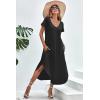 Ekouaer Long Nightgowns for Women Short Sleeve House Dress with Pockets V Neck Sleepshirts Side Split Sleepwear S-4XL(Black)