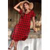 Ekouaer Long Nightgowns for Women Short Sleeve House Dress with Pockets V Neck Sleepshirts Side Split Sleepwear S-4XL(Black Red Plaid)