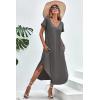 Ekouaer Long Nightgowns for Women Short Sleeve House Dress with Pockets V Neck Sleepshirts Side Split Sleepwear S-4XL(Dark Grey)
