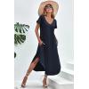 Ekouaer Long Nightgowns for Women Short Sleeve House Dress with Pockets V Neck Sleepshirts Side Split Sleepwear S-4XL(Navy)