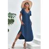 Ekouaer Long Nightgowns for Women Short Sleeve House Dress with Pockets V Neck Sleepshirts Side Split Sleepwear S-4XL(Navy Blue)