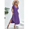 Ekouaer Long Nightgowns for Women Short Sleeve House Dress with Pockets V Neck Sleepshirts Side Split Sleepwear S-4XL(Purple)