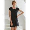 Ekouaer Womens Nightgown Sleep Shirt Dress Satin Patchwork Short Sleeve Sleepwear with Pocket(Black)