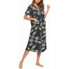 Ekouaer Womens Snap Front Dusters Cotton Housecoat Short Sleeve Nightgown House Dress With Pockets(Black Pineapple)