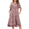Ekouaer House Dress for Women Button Down Nightgown Short Sleeve Housecoat with pockets S-4XL(Red Flower)