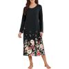 Ekouaer Long Sleeve Nightgowns for Women Calf Length Sleep Shirts Crew Neck Soft Nightshirts S-XXL(Black Flower)