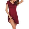 Ekouaer Womens Nightgown Sleep Shirt Dress Satin Patchwork Short Sleeve Sleepwear with Pocket(Wine Red)
