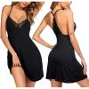 Ekouaer Women’s Nightgown V Neck Sleeveless Sleepwear Lace Sleep Dress(Black)