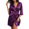 Ekouaer Women’s Satin Robes 3/4 Sleeve Silk Robes Short Kimono Sexy Bride Bathrobes Lace Trim Loungewear with Pockets(Purple)