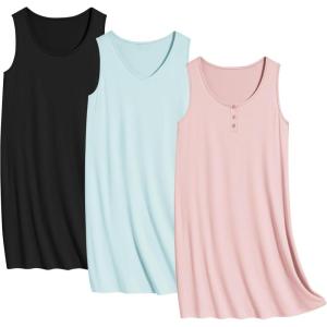 Ekouaer 3 Pack Nightgowns for Women Sleeveless Sleepwear Button Down Nightshirt Wide Strap Tank Sleep Shirt S-3XL(Black+light Blue+pink)