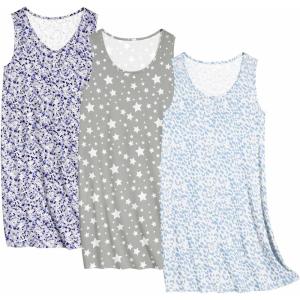 Ekouaer 3 Pack Nightgowns for Women Sleeveless Sleepwear Button Down Nightshirt Wide Strap Tank Sleep Shirt S-3XL(Blue Leopard+purple Print+pentagram)