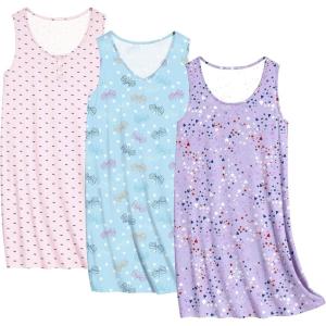 Ekouaer 3 Pack Nightgowns for Women Sleeveless Sleepwear Button Down Nightshirt Wide Strap Tank Sleep Shirt S-3XL(Butterfly+hearts+pink Print)