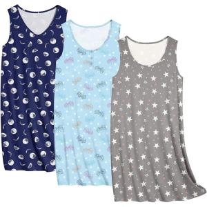 Ekouaer 3 Pack Nightgowns for Women Sleeveless Sleepwear Button Down Nightshirt Wide Strap Tank Sleep Shirt S-3XL(Butterfly+navy Moon+grey Star)
