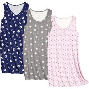 Ekouaer 3 Pack Nightgowns for Women Sleeveless Sleepwear Button Down Nightshirt Wide Strap Tank Sleep Shirt S-3XL(Navy Blue Moon+pentagram+pink Print)