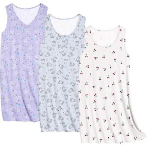Ekouaer 3 Pack Nightgowns for Women Sleeveless Sleepwear Button Down Nightshirt Wide Strap Tank Sleep Shirt S-3XL(Purple Floral+cat+cherry)