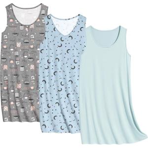 Ekouaer 3 Pack Nightgowns for Women Sleeveless Sleepwear Button Down Nightshirt Wide Strap Tank Sleep Shirt S-3XL(Star+coffee+blue)