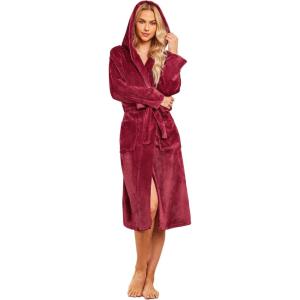 Ekouaer Fleece Robes for Women with Hooded Warm Soft Cozy Long Plush Bathrobe S-XXL(B-wine Red)