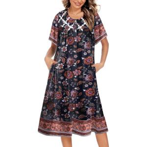 Ekouaer House Dress for Women Button Down Nightgown Short Sleeve Housecoat with pockets S-4XL(Black Flower)
