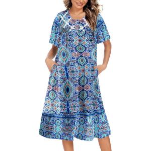 Ekouaer House Dress for Women Button Down Nightgown Short Sleeve Housecoat with pockets S-4XL(Blue Flower)