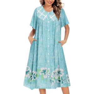Ekouaer House Dress for Women Button Down Nightgown Short Sleeve Housecoat with pockets S-4XL(Green Flower)