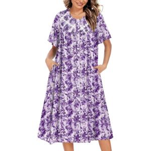 Ekouaer House Dress for Women Button Down Nightgown Short Sleeve Housecoat with pockets S-4XL(Purple Flower)
