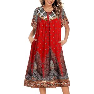 Ekouaer House Dress for Women Button Down Nightgown Short Sleeve Housecoat with pockets S-4XL(Red Ethnic Print)
