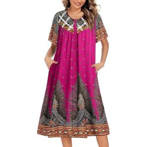 Ekouaer House Dress for Women Button Down Nightgown Short Sleeve Housecoat with pockets S-4XL(Rose Red Ethnic Print)