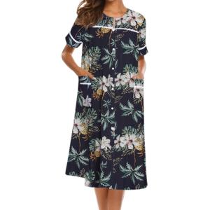 Ekouaer House Dress for Women with Pockets Button Down Duster Housecoat Short Sleeve Mumu Nightgown S-XXXL(Black Palm Tree)