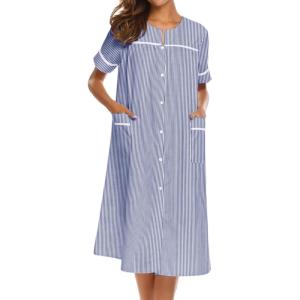 Ekouaer House Dress for Women with Pockets Button Down Duster Housecoat Short Sleeve Mumu Nightgown S-XXXL(Striped Navy)