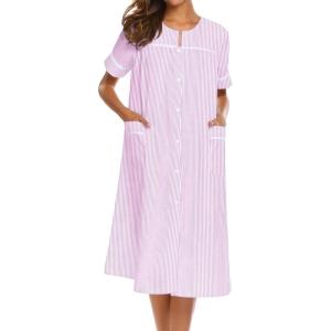 Ekouaer House Dress for Women with Pockets Button Down Duster Housecoat Short Sleeve Mumu Nightgown S-XXXL(Striped Pink)