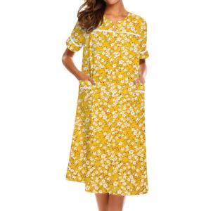 Ekouaer House Dress for Women with Pockets Button Down Duster Housecoat Short Sleeve Mumu Nightgown S-XXXL(Yellow Flower)