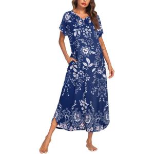 Ekouaer Long Nightgown Women’s Loungewear Short Sleeve Sleepwear Full Length Sleep Shirt with Pockets(Blue Ethnic Flower)