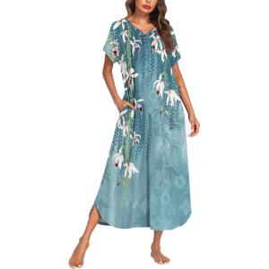 Ekouaer Long Nightgown Women’s Loungewear Short Sleeve Sleepwear Full Length Sleep Shirt with Pockets(Blue Flower)