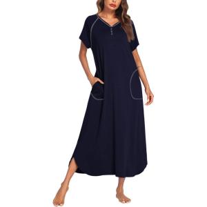 Ekouaer Long Nightgown Women’s Loungewear Short Sleeve Sleepwear Full Length Sleep Shirt with Pockets(Navy Blue)