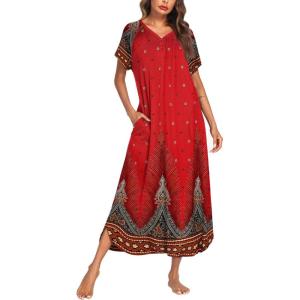 Ekouaer Long Nightgown Women’s Loungewear Short Sleeve Sleepwear Full Length Sleep Shirt with Pockets(Red Ethnic Print)