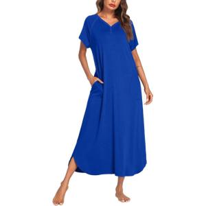 Ekouaer Long Nightgown Women’s Loungewear Short Sleeve Sleepwear Full Length Sleep Shirt with Pockets(Snorkel Blue)
