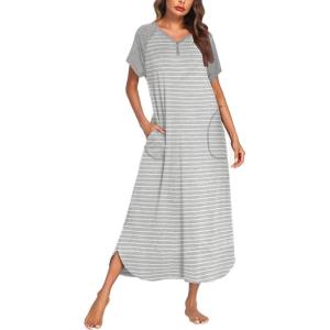 Ekouaer Long Nightgown Women’s Loungewear Short Sleeve Sleepwear Full Length Sleep Shirt with Pockets(White Grey Stripe)