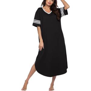 Ekouaer Long Nightgown, Womens V Neck Loungewear Oversized Sleepwear Loose Sleep Dress S-4XL(Black)
