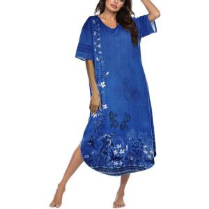 Ekouaer Long Nightgown, Womens V Neck Loungewear Oversized Sleepwear Loose Sleep Dress S-4XL(Blue Ethnic Style)