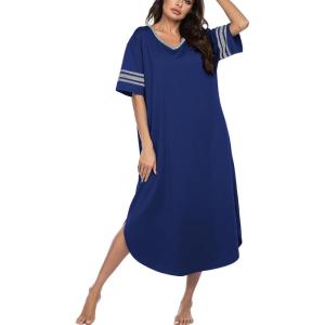 Ekouaer Long Nightgown, Womens V Neck Loungewear Oversized Sleepwear Loose Sleep Dress S-4XL(Deep Blue)
