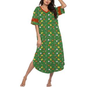 Ekouaer Long Nightgown, Womens V Neck Loungewear Oversized Sleepwear Loose Sleep Dress S-4XL(Green Christmas)