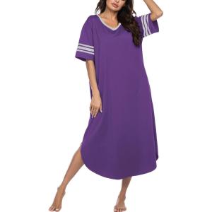 Ekouaer Long Nightgown, Womens V Neck Loungewear Oversized Sleepwear Loose Sleep Dress S-4XL(Purple)